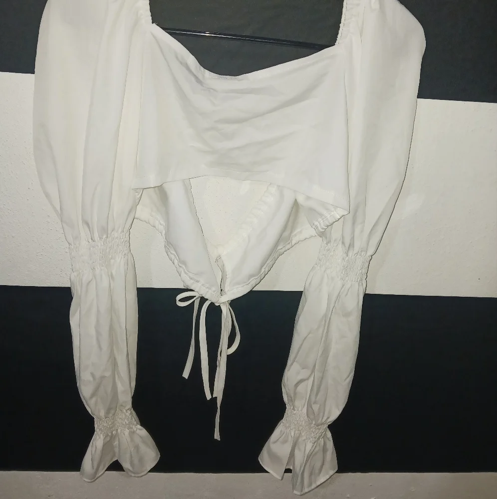 Women sexy white tie puffer elastic long sleeve top - Picture 11 of 16